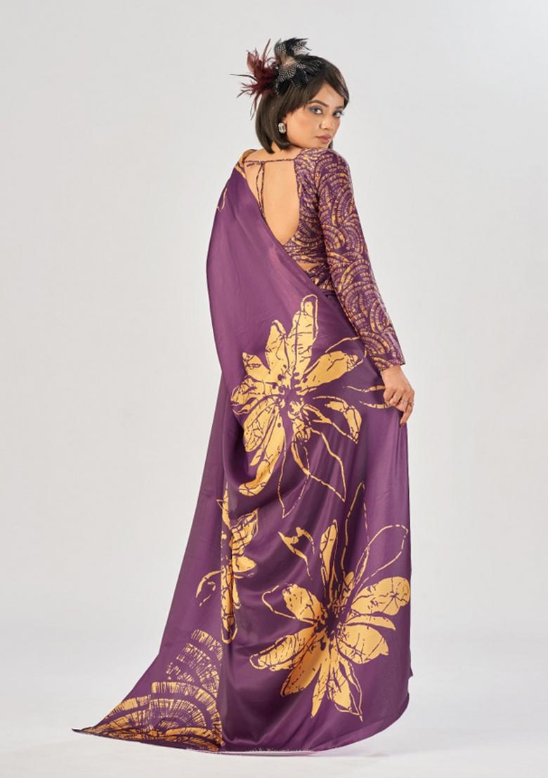 Wine Printed Silk Saree Set - Indya