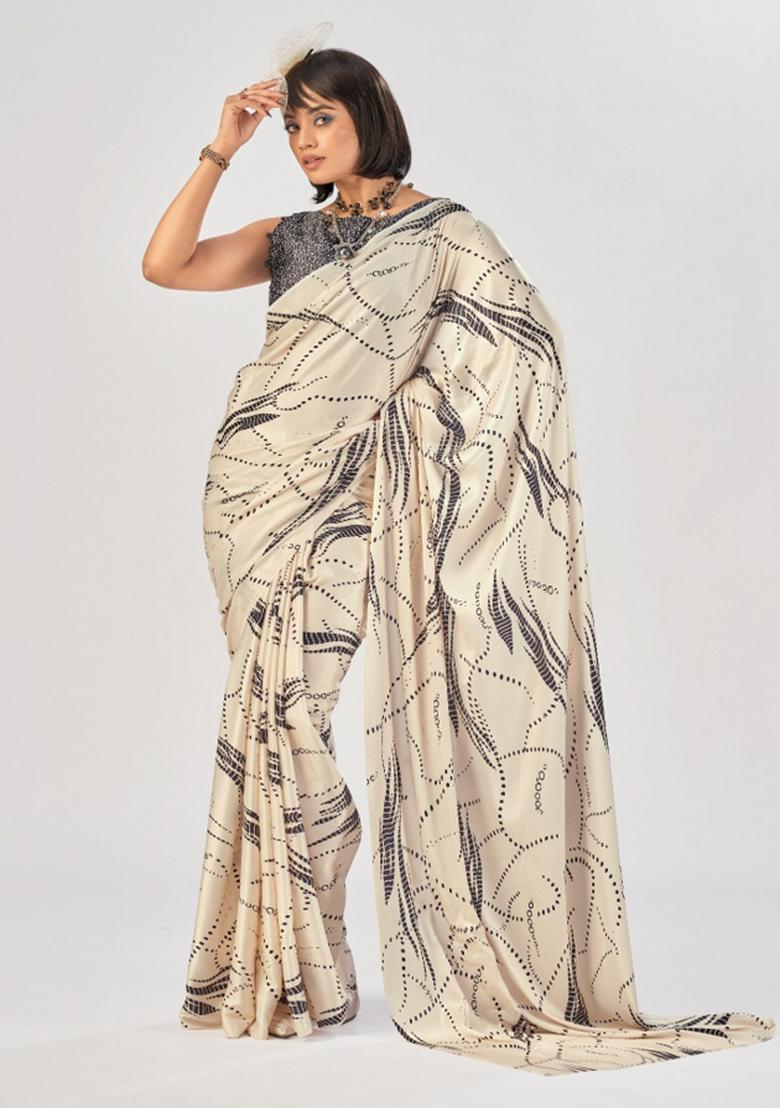 Off White Printed Silk Saree Set - Indya