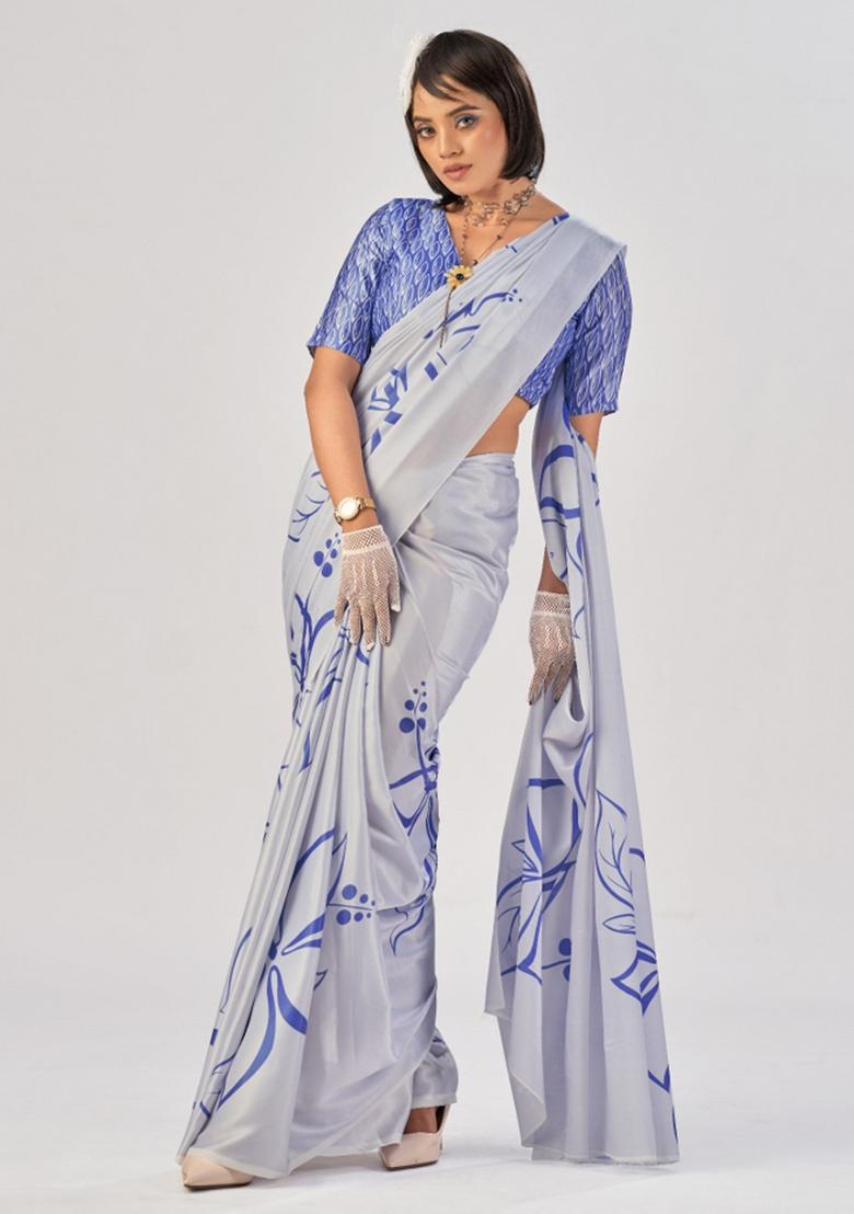 Blue Printed Silk Saree Set - Indya