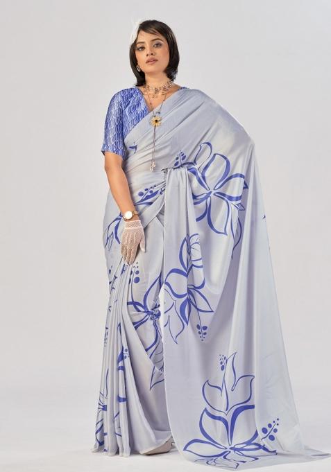 Blue Printed Silk Saree Set