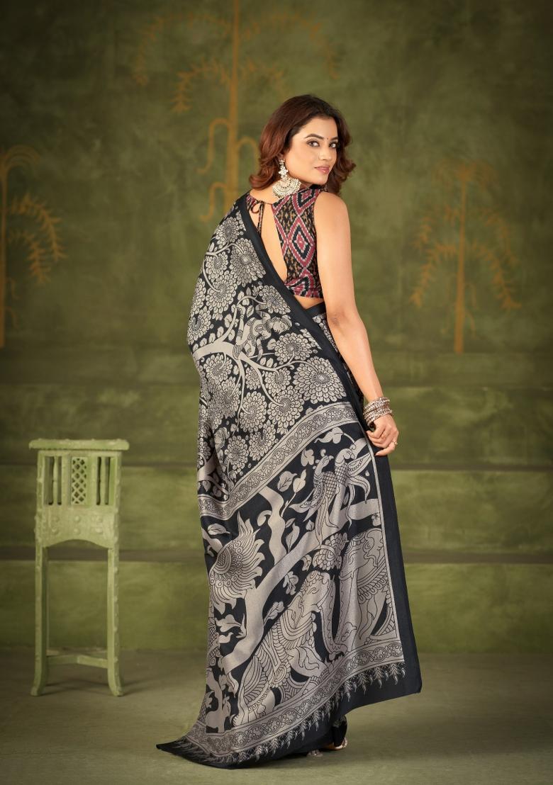Black Printed Silk Saree Set - Indya