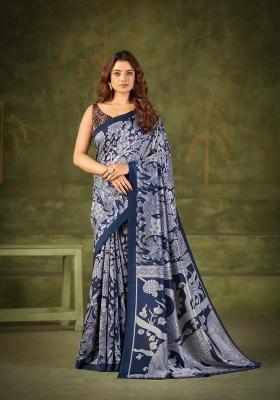 Blue Printed Silk Saree Set