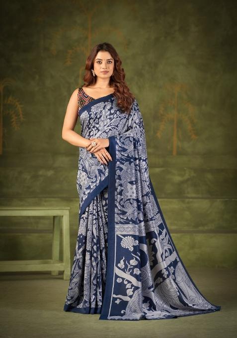 Blue Printed Silk Saree Set