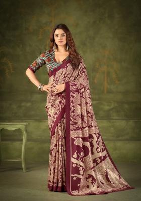 Maroon Printed Silk Saree Set