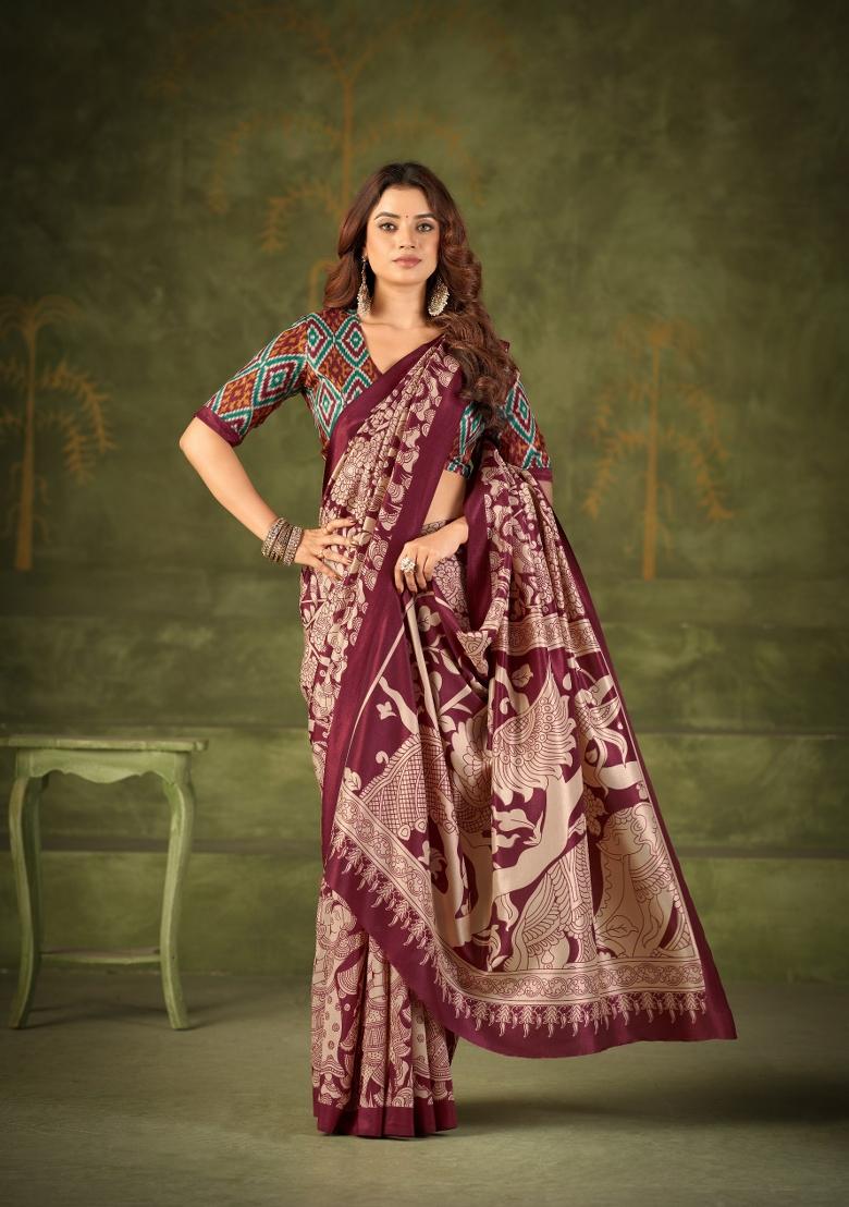 Maroon Printed Silk Saree Set - Indya