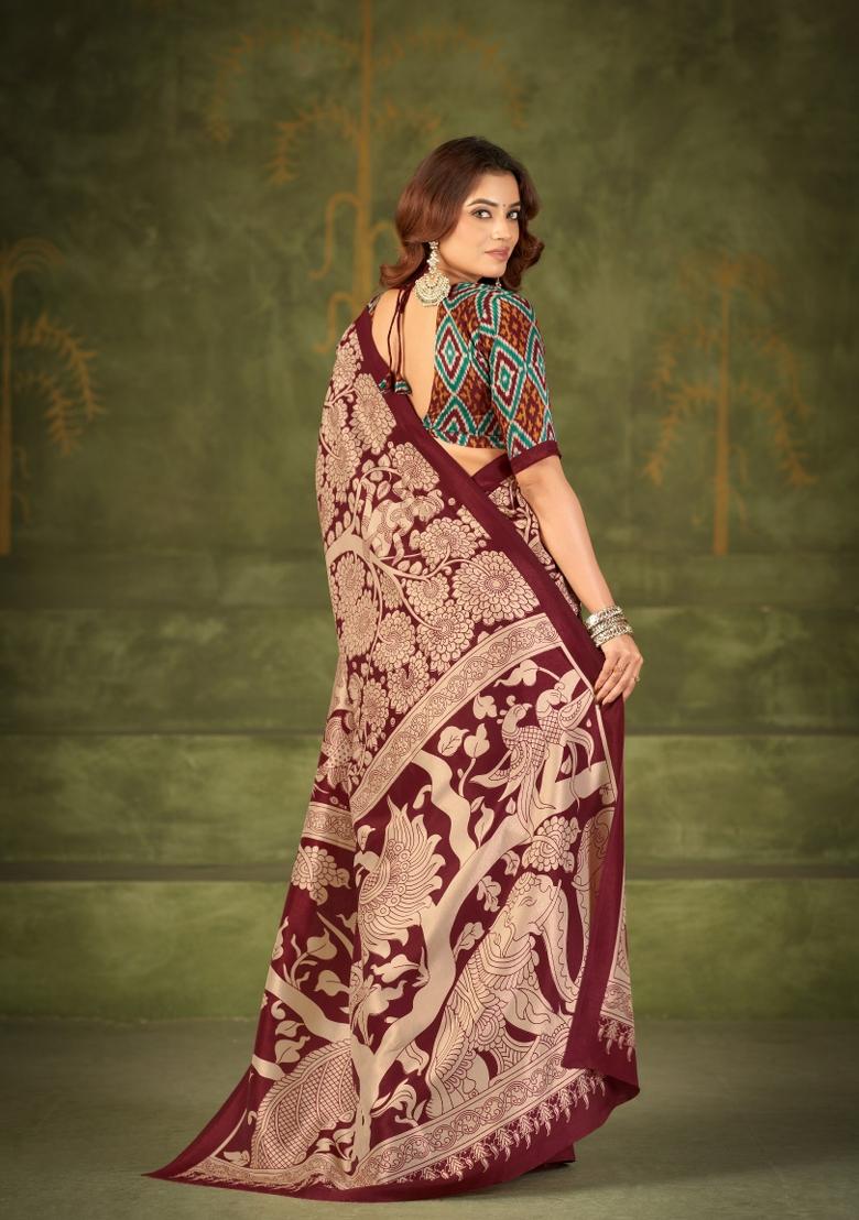 Maroon Printed Silk Saree Set - Indya