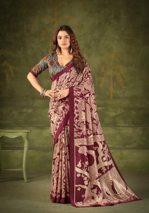 Maroon Printed Silk Saree Set