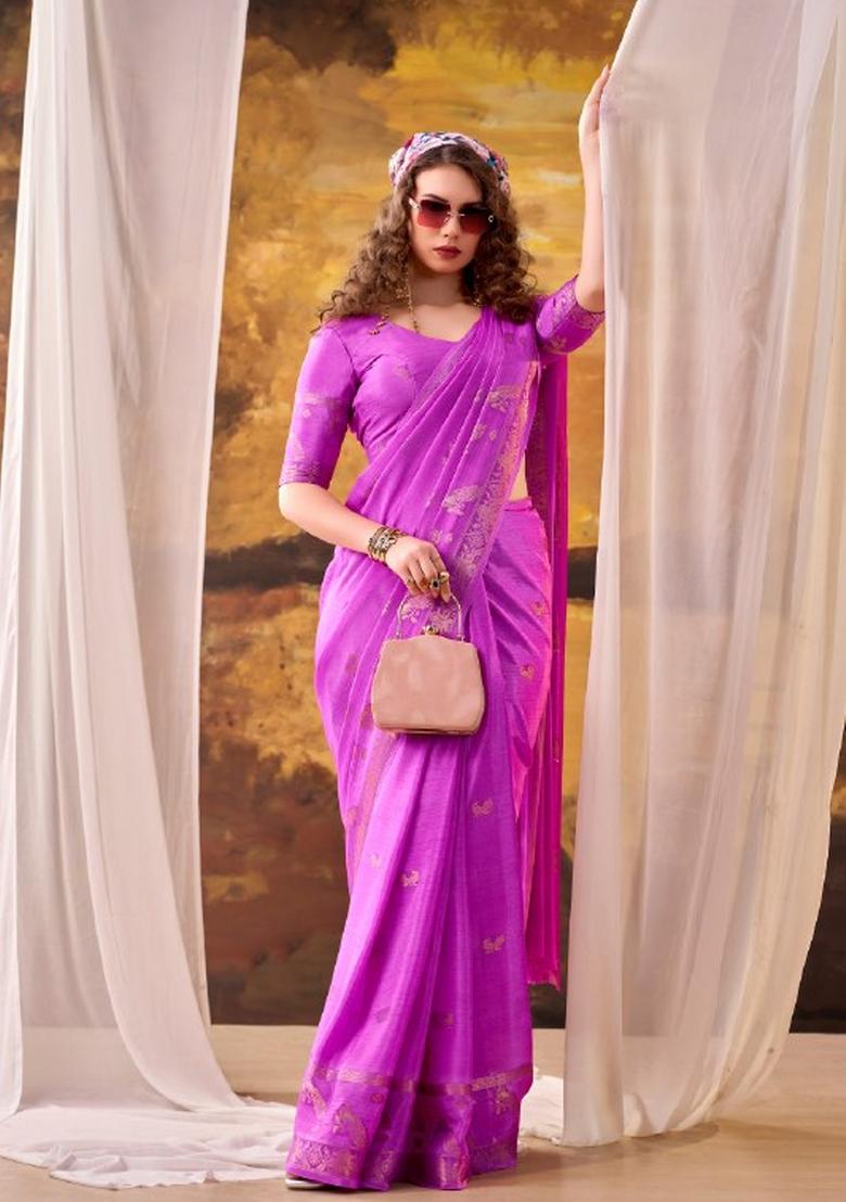 Pink Weaving Crepe Saree Set - Indya