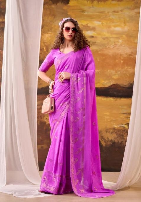Pink Weaving Crepe Saree Set