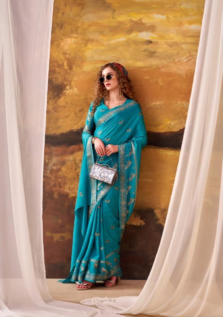 Blue Weaving Crepe Saree Set - Indya
