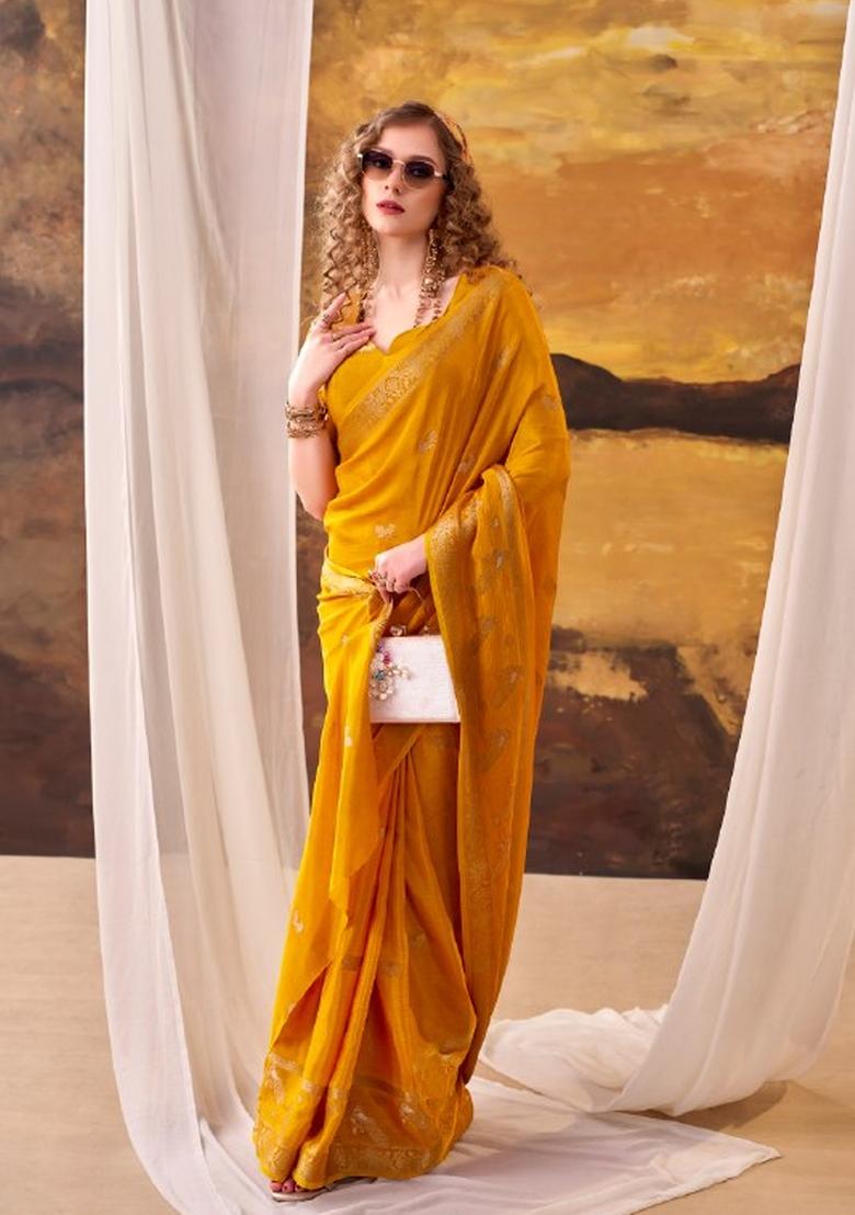 Yellow Weaving Crepe Saree Set - Indya