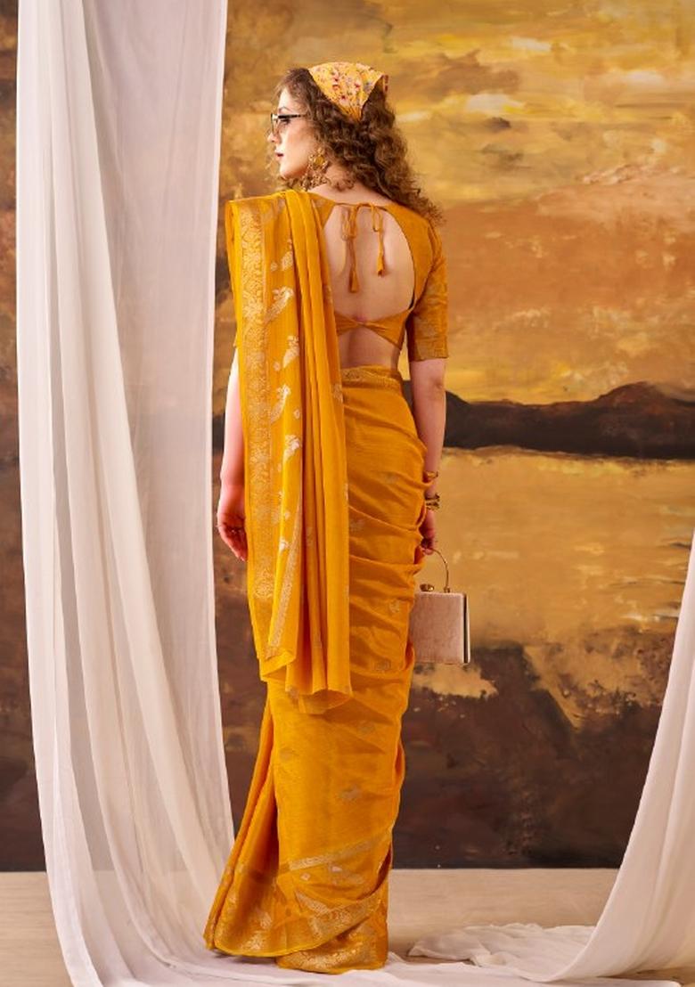 Yellow Weaving Crepe Saree Set - Indya