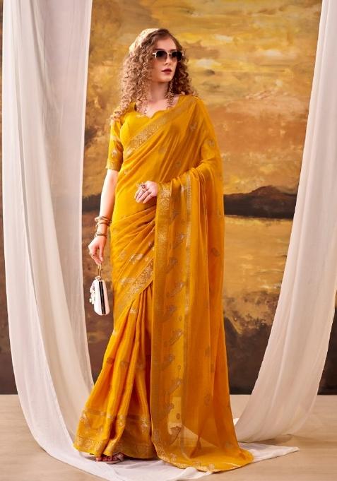 Yellow Weaving Crepe Saree Set
