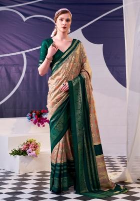 Green Floral Print Silk Saree Set