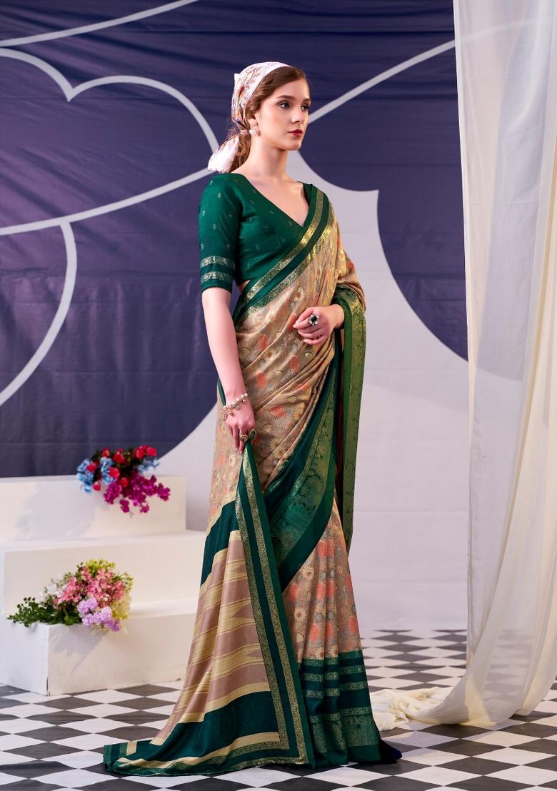 Green Floral Print Silk Saree Set - Indya