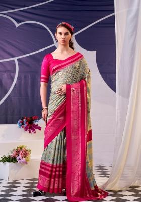 Pink Floral Print Silk Saree Set