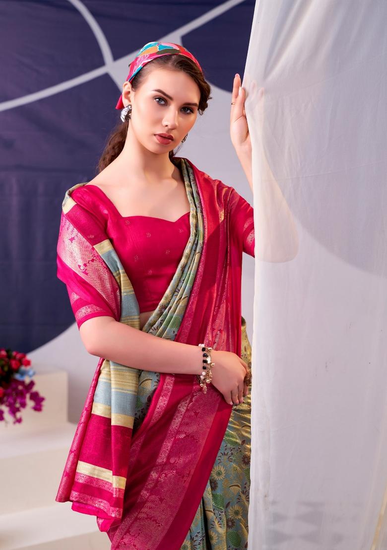 Pink Floral Print Silk Saree Set - Indya