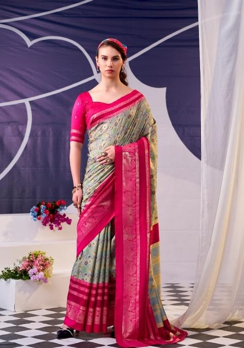 Pink Floral Print Silk Saree Set — view on Indya
