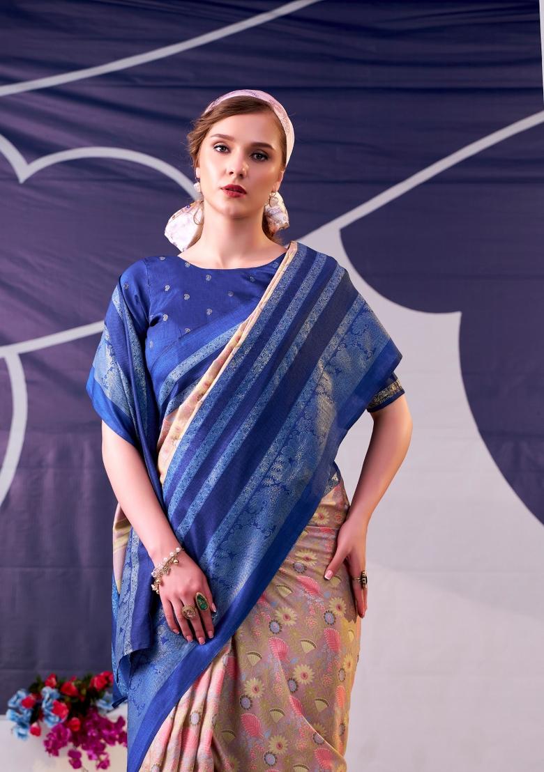 Blue Floral Print Silk Saree Set - Indya