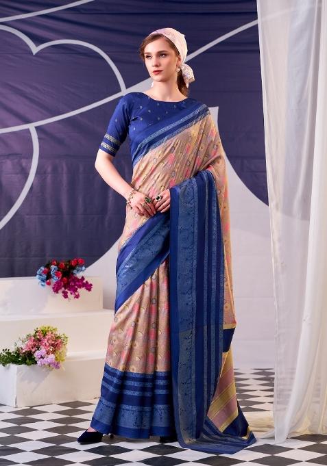 Blue Floral Print Silk Saree Set