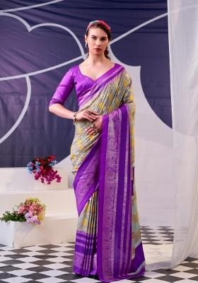 Purple Floral Print Silk Saree Set