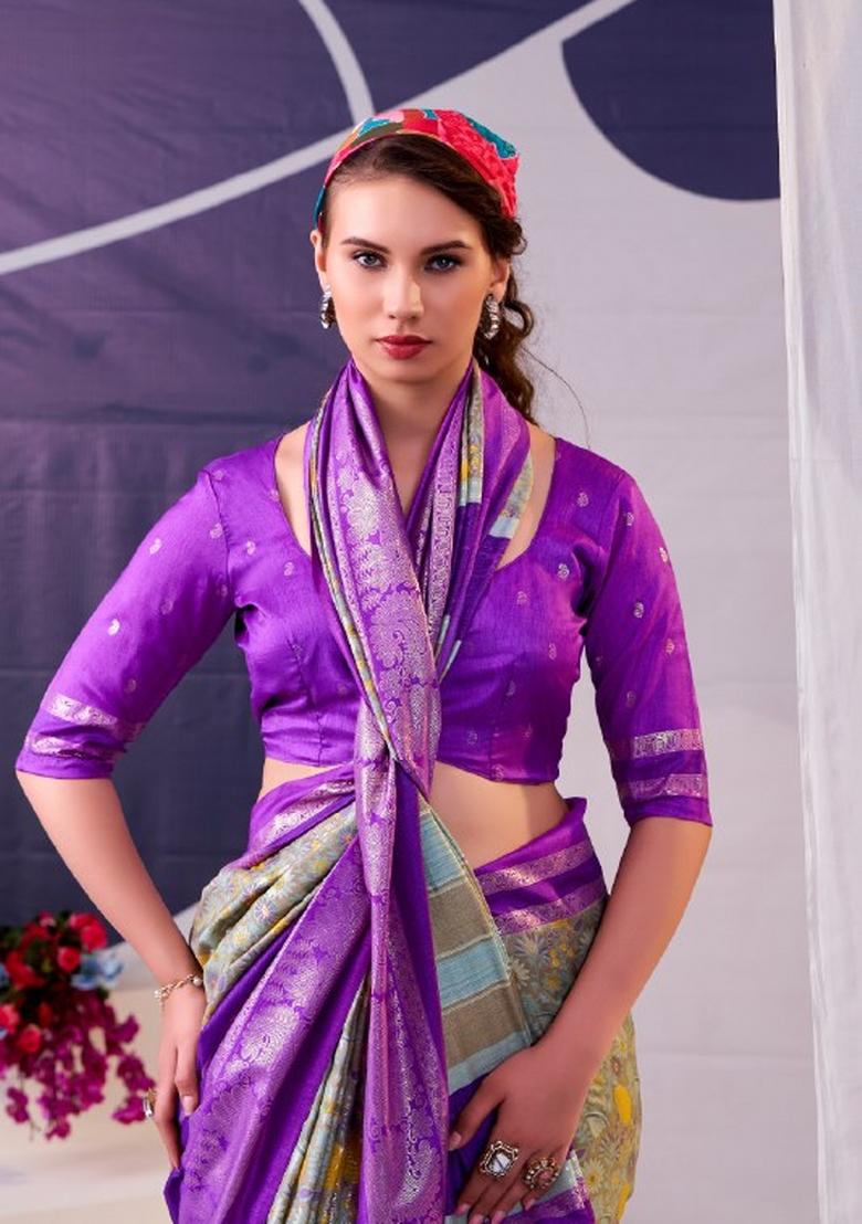 Purple Floral Print Silk Saree Set - Indya