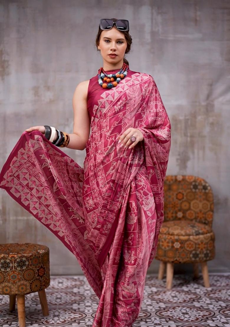 Pink Floral Print Silk Saree Set - Indya