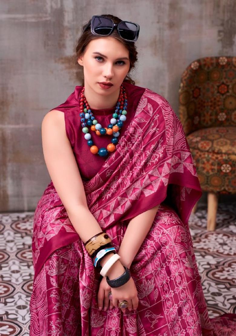 Pink Floral Print Silk Saree Set - Indya