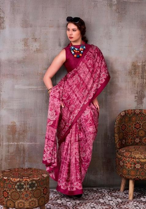 Pink Floral Print Silk Saree Set — view on Indya