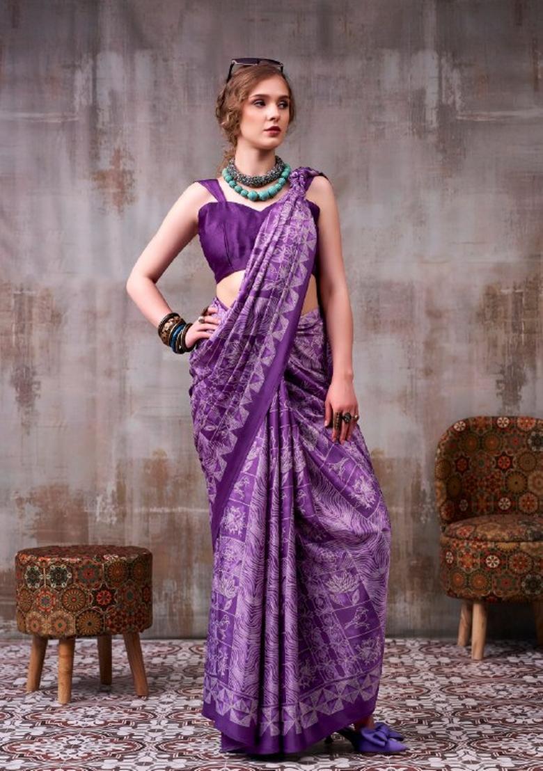 Lavender Floral Print Silk Saree Set - Indya