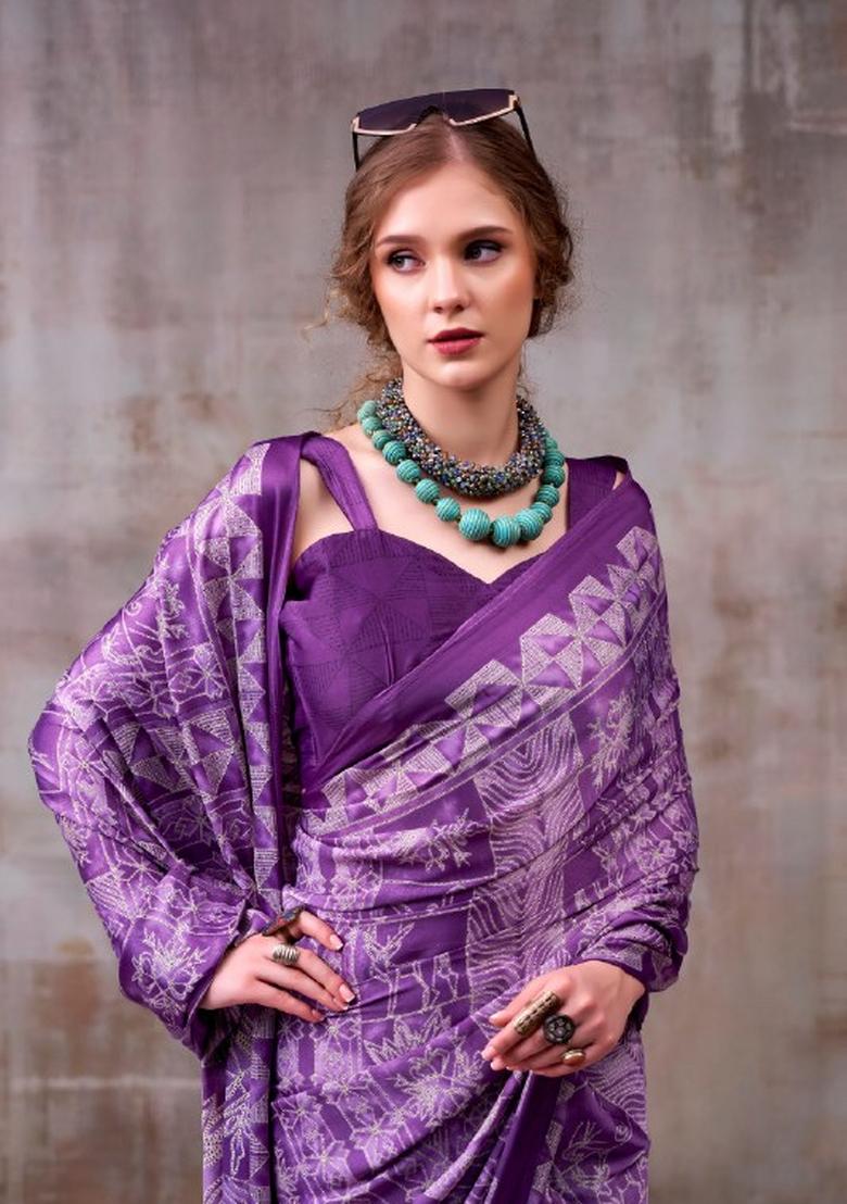 Lavender Floral Print Silk Saree Set - Indya