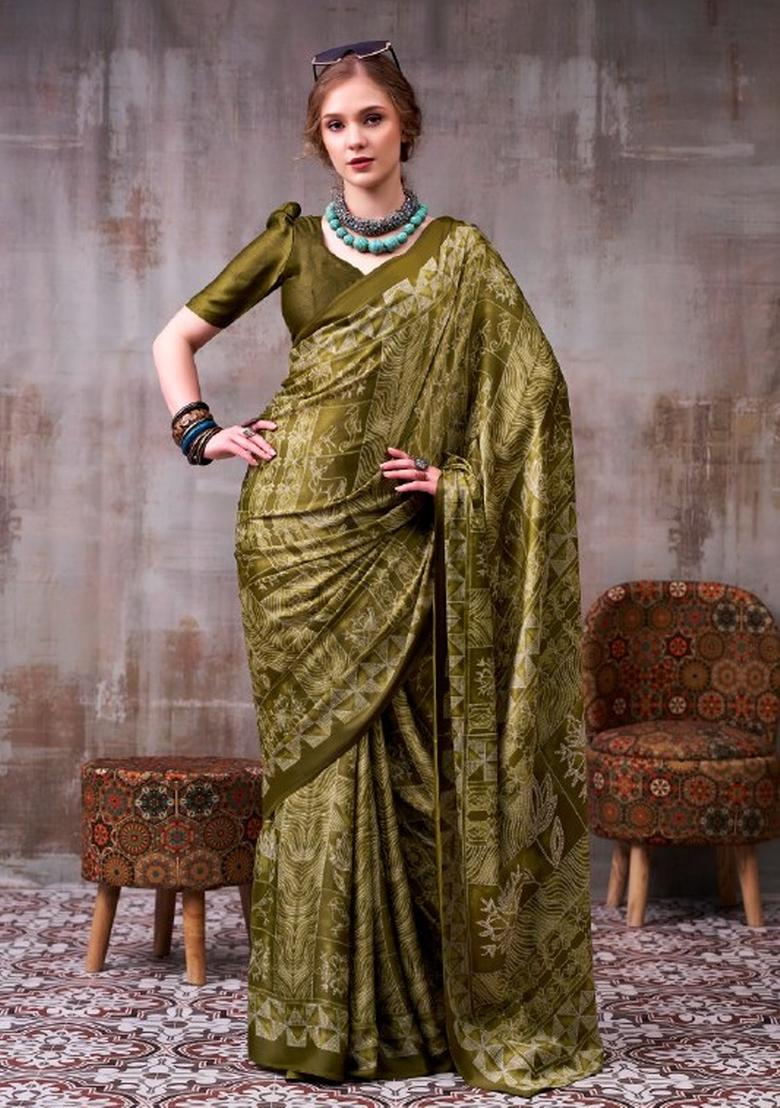 Mehendi Floral Print Silk Saree Set - Indya