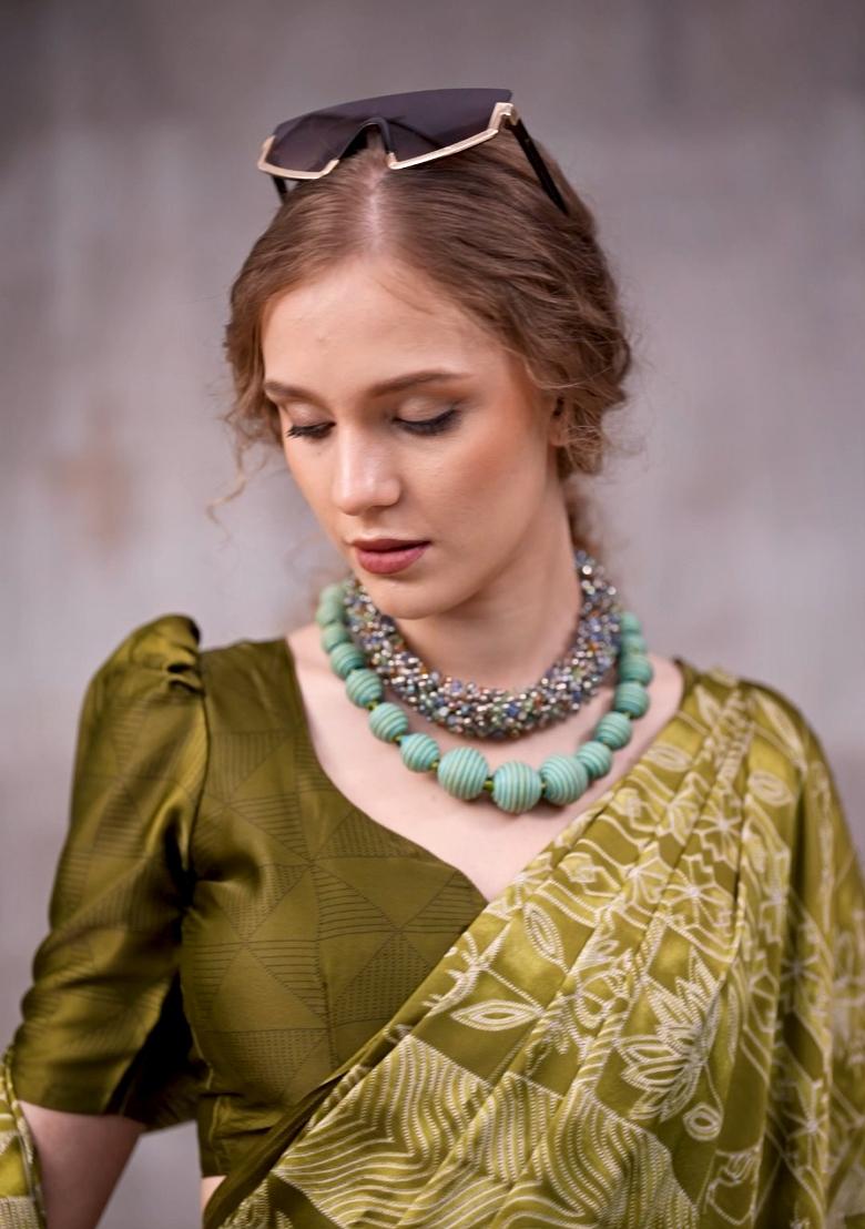 Mehendi Floral Print Silk Saree Set - Indya