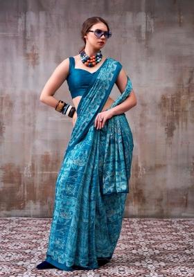 Blue Floral Print Silk Saree Set