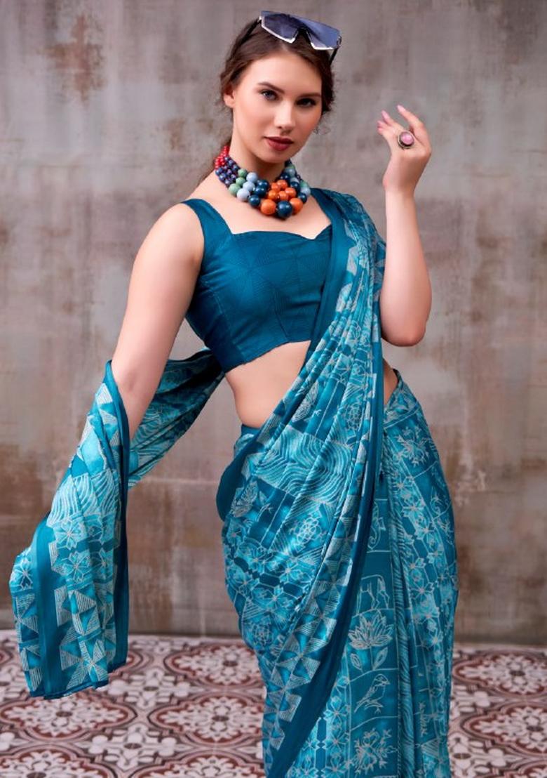 Blue Floral Print Silk Saree Set - Indya
