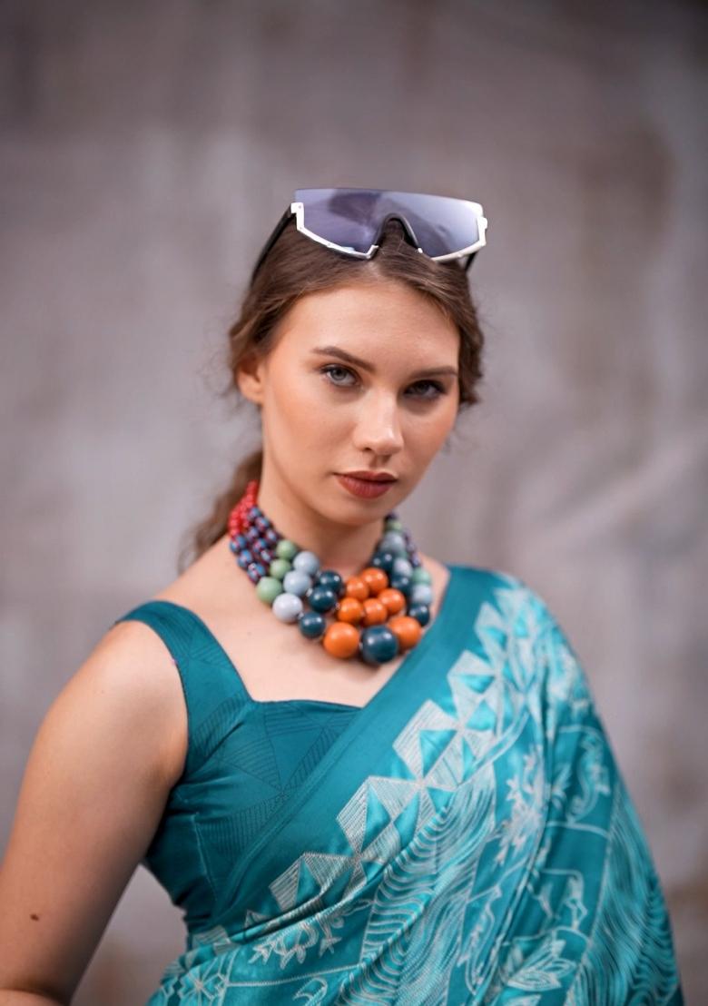 Blue Floral Print Silk Saree Set - Indya