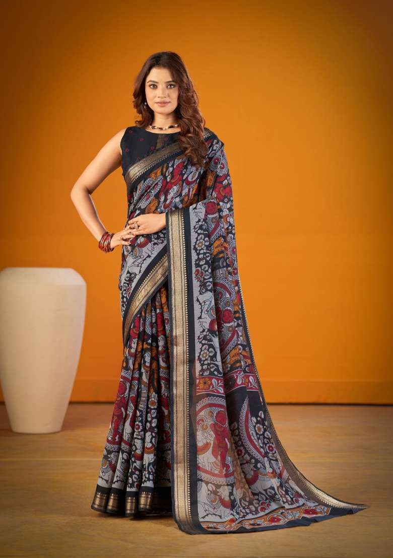 Black Printed Chanderi Saree Set for Diwali and Festive Wear - Indya