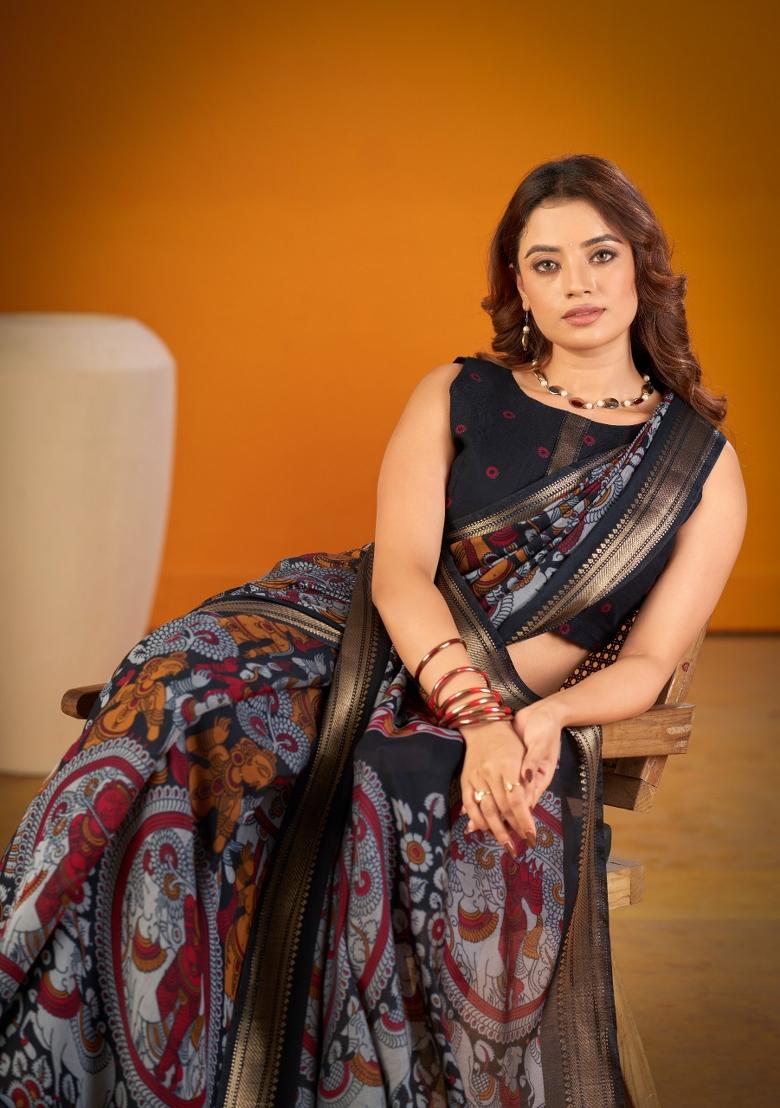 Black Printed Chanderi Saree Set - Indya