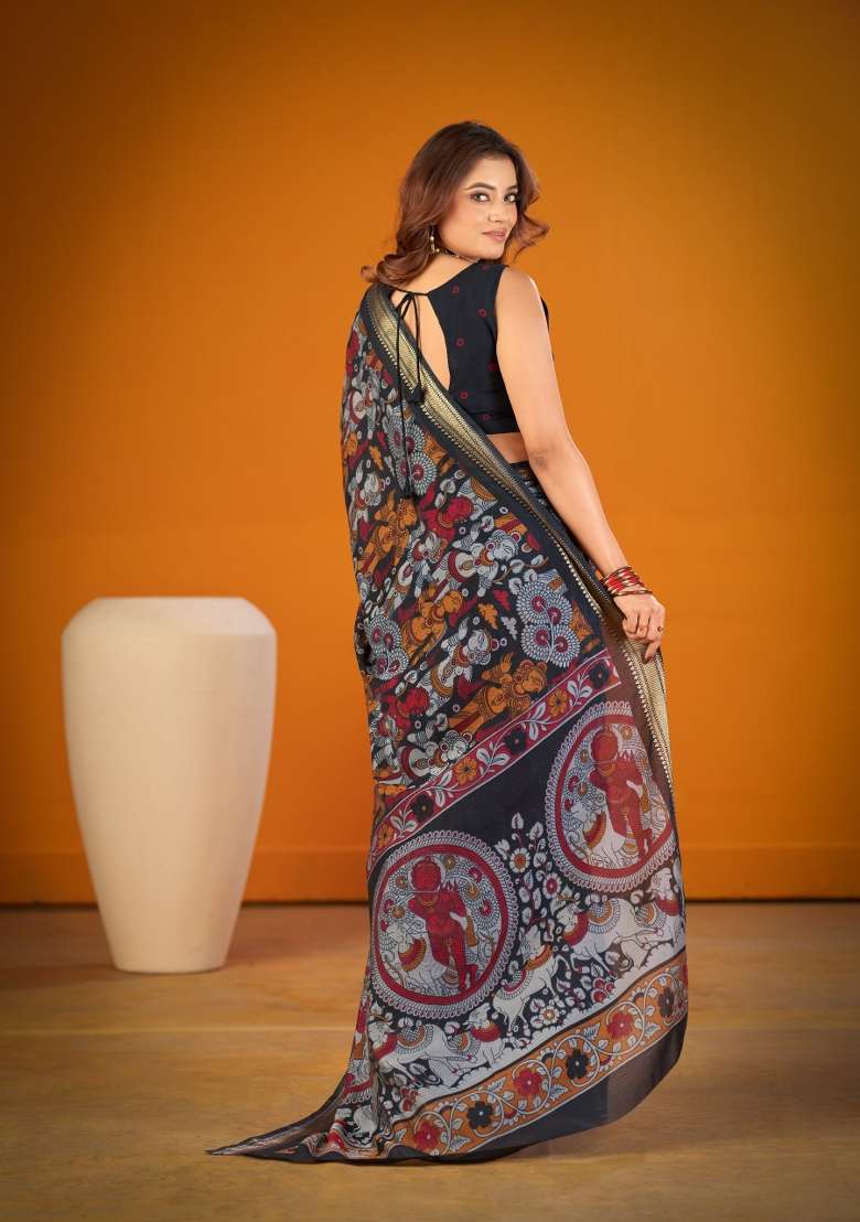 Black Printed Chanderi Saree Set for Diwali and Festive Wear - Indya