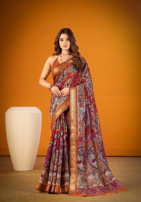 Mustard Printed Chanderi Saree Set
