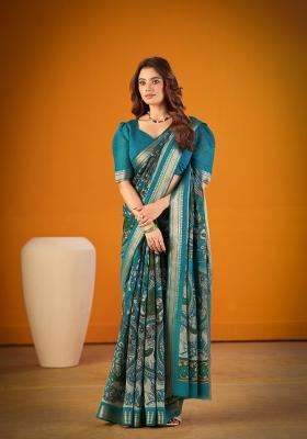 Blue Printed Chanderi Saree Set