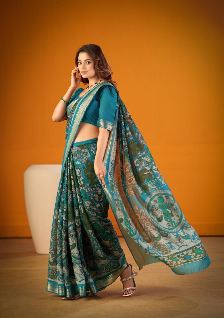 Blue Printed Chanderi Saree Set - Indya