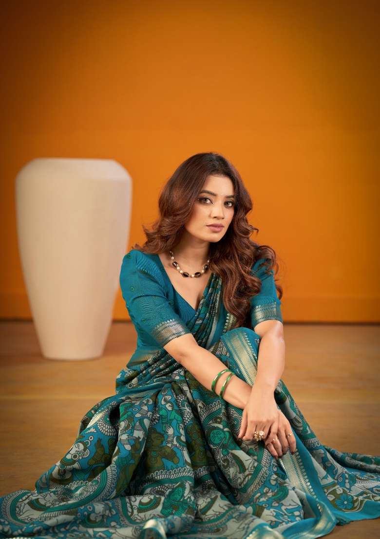 Blue Chanderi Saree Set with Printed for Diwali | Wedding & Festive Wear - Indya