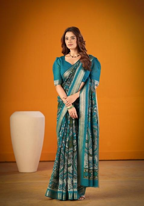 Blue Printed Chanderi Saree Set
