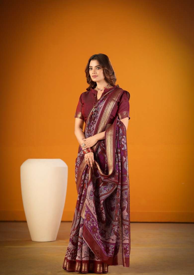 Maroon Printed Chanderi Saree Set for Diwali and Festive Wear - Indya