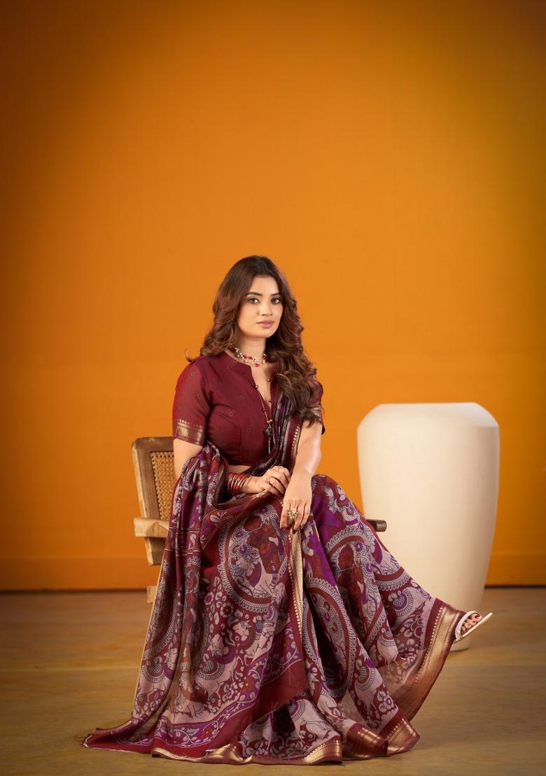 Maroon Printed Chanderi Saree Set - Indya