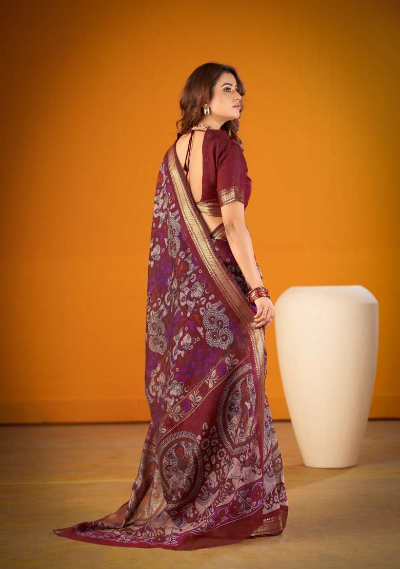 Maroon Printed Chanderi Saree Set for Diwali and Festive Wear - Indya