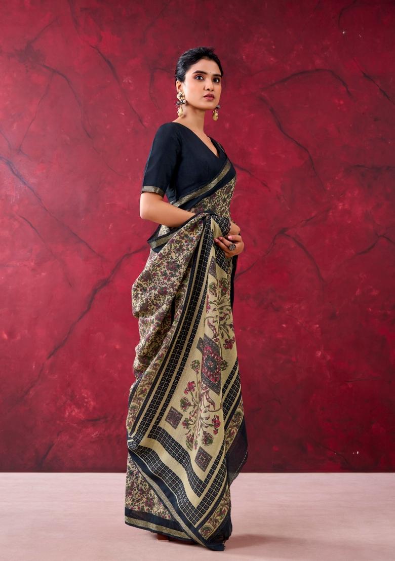 Black Printed Cotton Saree Set - Indya