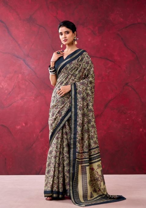 Black Printed Cotton Saree Set