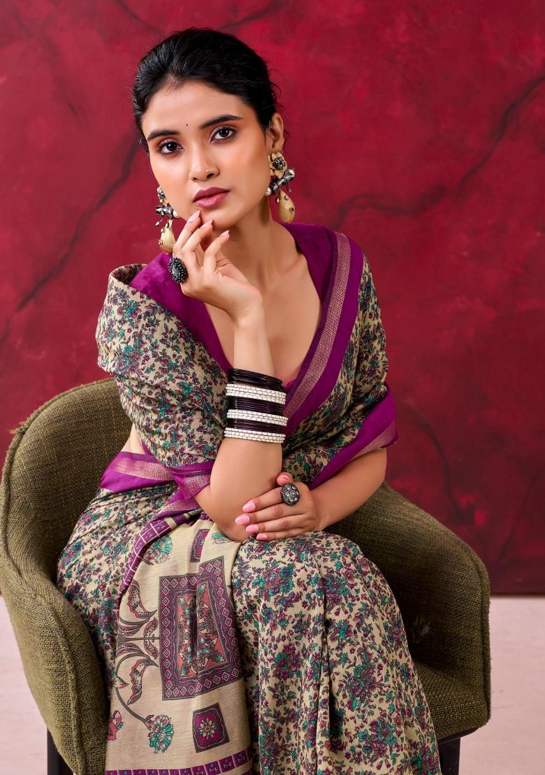 Wine Printed Cotton Saree Set - Indya